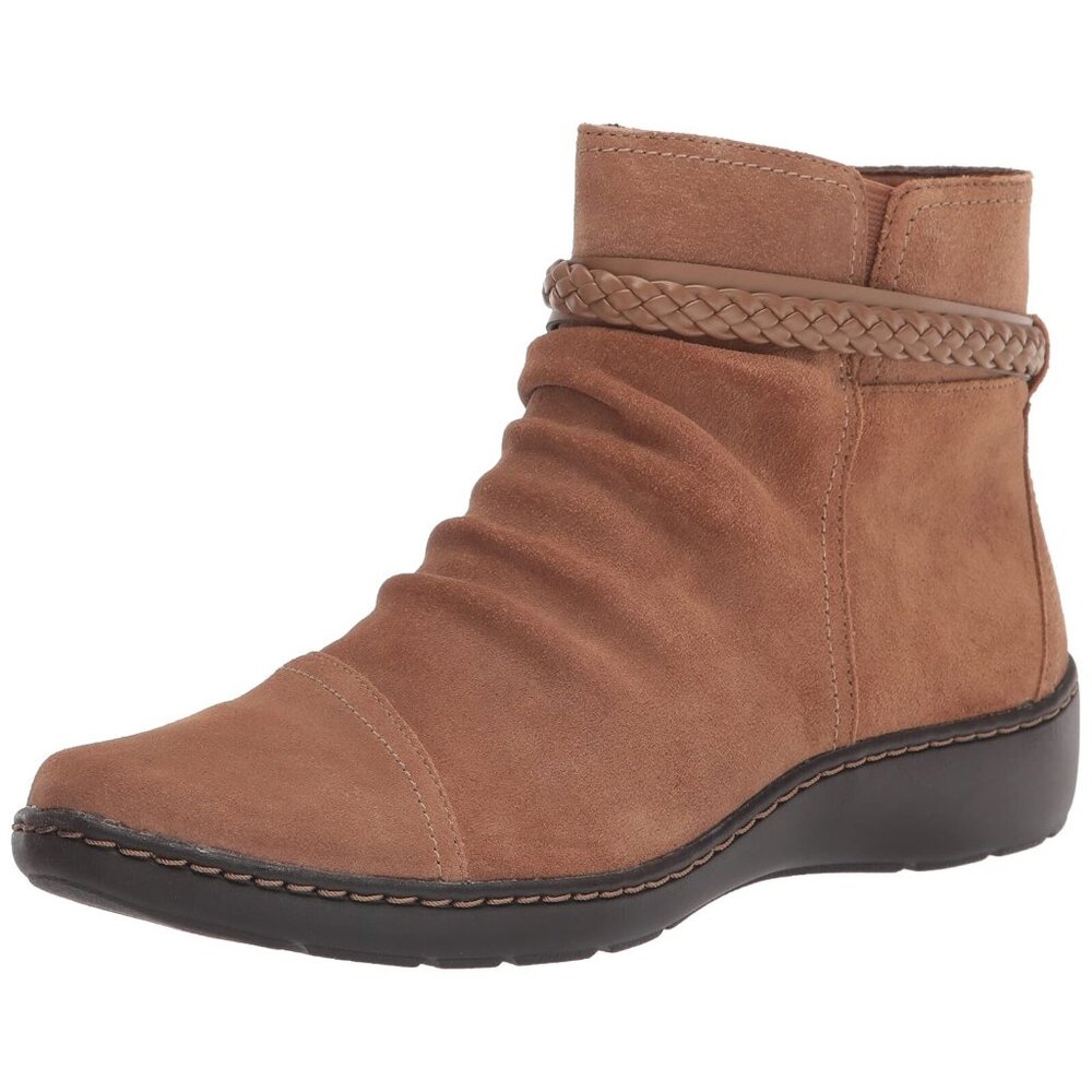 Clarks womens Cora Braid Ankle Boot, Dark Khaki Suede, 7.5 US